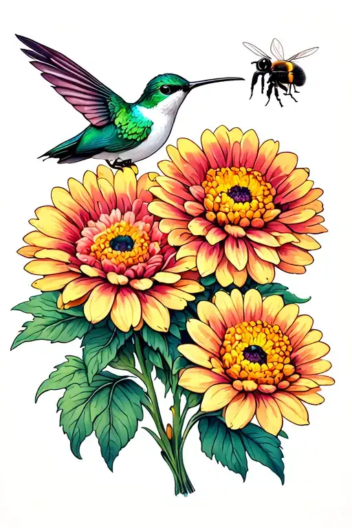 hummingbird, chrysanthemum, two marigolds and a bumble bee tattoo design idea