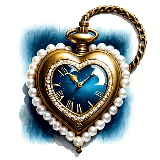 A heart-shaped pocket watch with a white pearl border, pointing to midnight. tattoo design idea