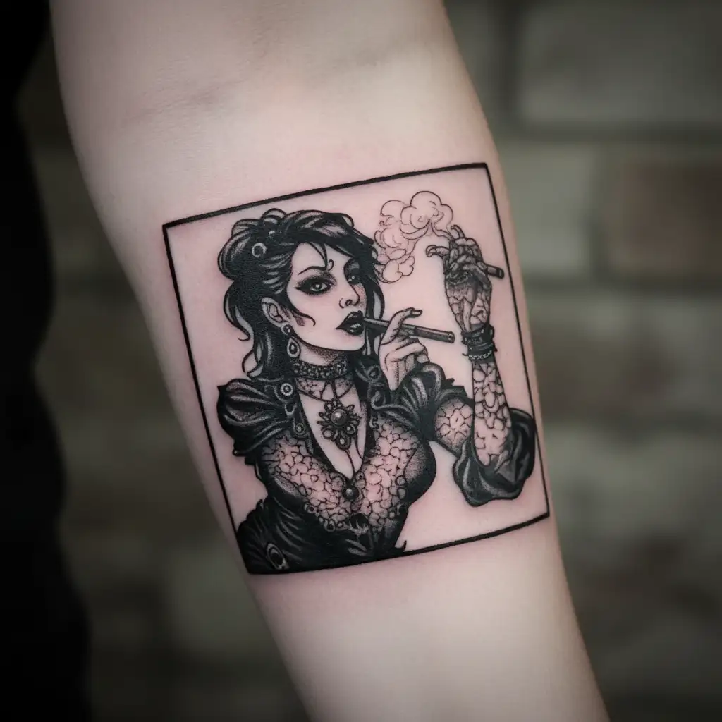 Sexy Goth straight black hair smoking a cigarette big breast lots of cleavage, skintight black dress combat boots  tattoo design idea