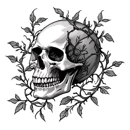 side profile of a skull surrounded in vines tattoo design idea