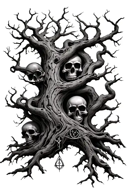 Dark Occult Theme tree with twisting, shadowy branches. occult symbols (runes, sigils) hidden in bark. skulls tattoo design idea
