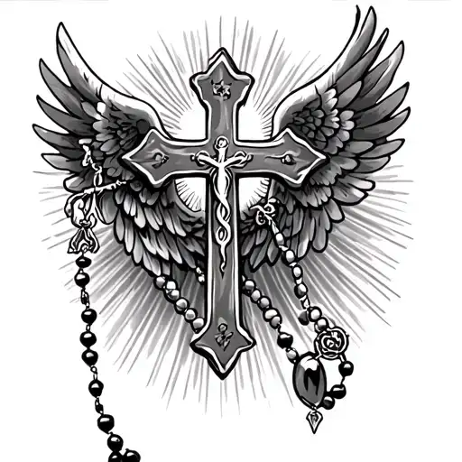 Realistic black and grey tattoo of a detailed cross with angel wings. A rosary wraps around the cross, and rays of light tattoo design idea