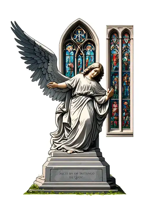 Religious Tombstone 🪦 with an Angel leaning over it and cathedral windows over it the angel not in the tombstone tattoo design idea