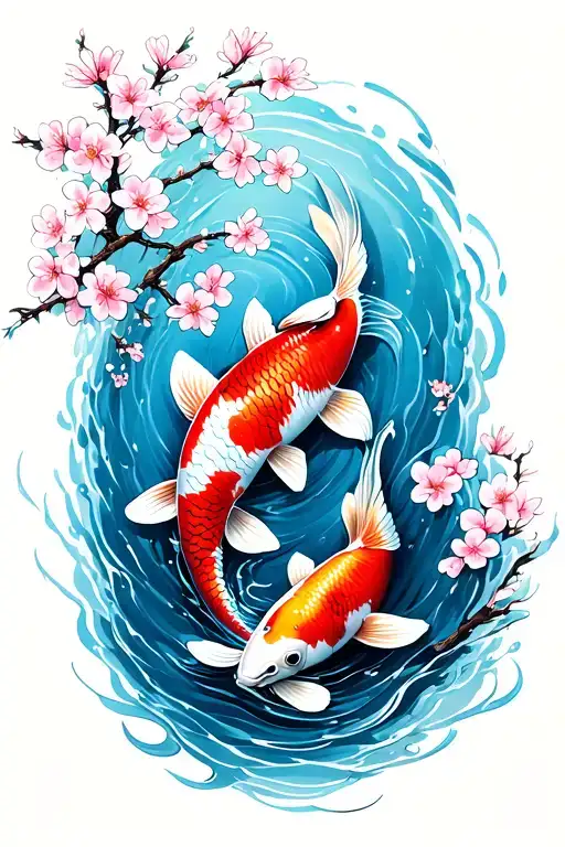 Generate a tattoo image of 2 koi fish in colour in a stream of water in the colour blue with a cherry blossom tree tattoo design idea