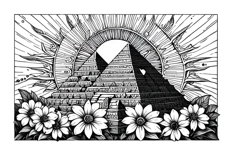 Aztec pyramid sun rising flowers coming out at you tattoo design idea