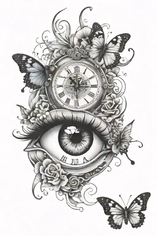 memorial tattoo dual clocks crying eye and butterfly tattoo design idea