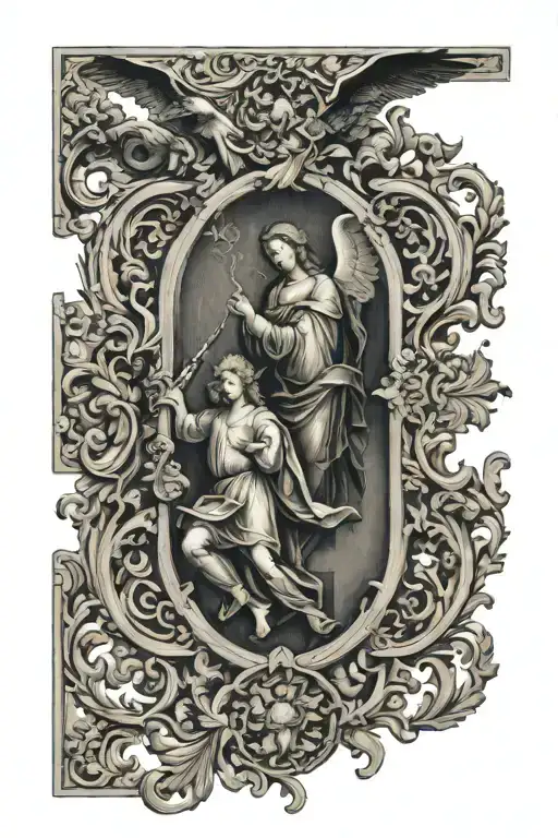 stencil: Renaissance gothic style. Incorporating biblical stories and angels like renaissance ceiling paintings tattoo design idea