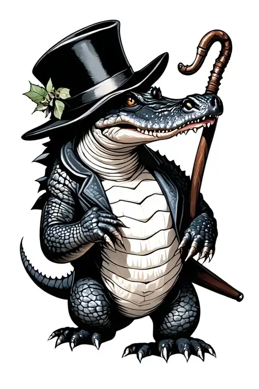 full body alligator with top hat and cane fineline tattoo design idea