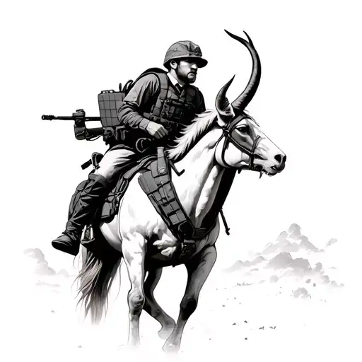 Special Forces Soldier with Plate Carrier, wearing a tie and riding a capricorn. Soldier has two faces (gemini) tattoo design idea