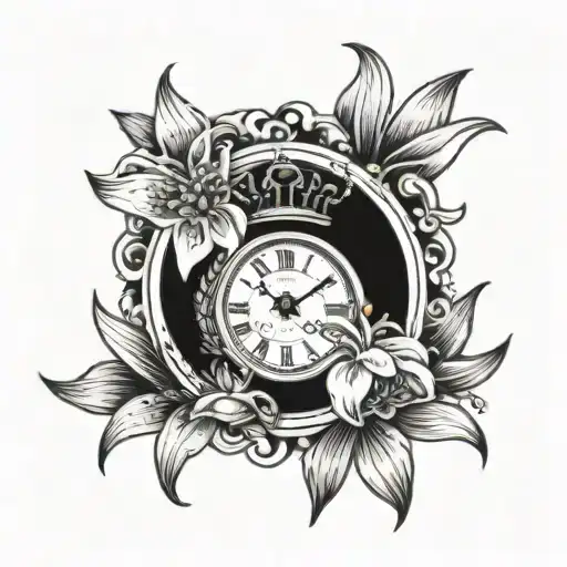 clock with wheels, crown, white lilly flower tattoo design idea