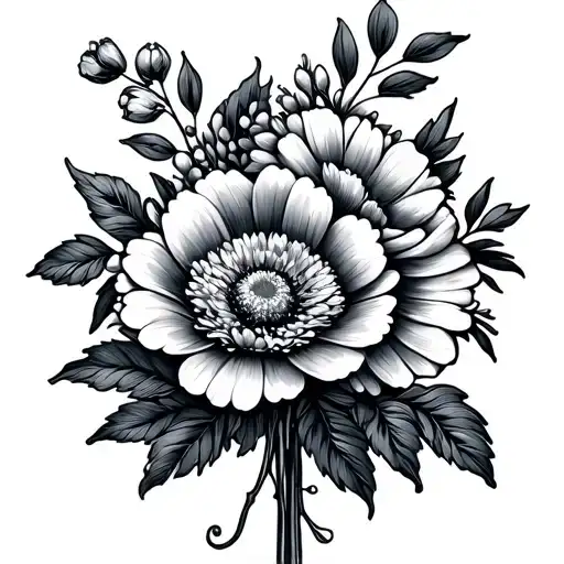 birth flower bouquet fine line tattoo design idea