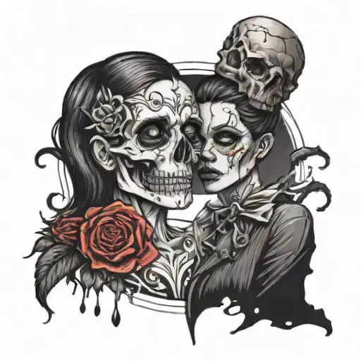 The girl's head is broken in half and there is a skull in the middle tattoo design idea