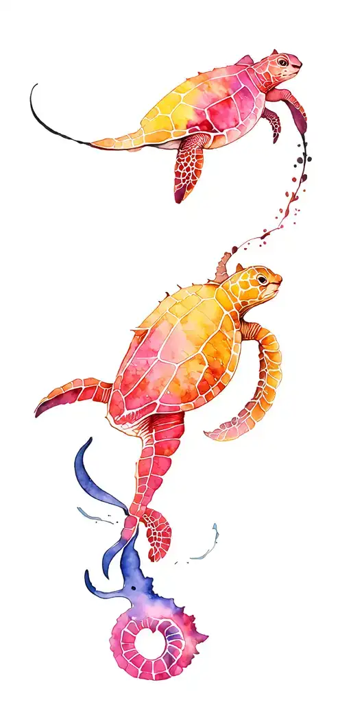 sea life sleeve tattoo featuring sea turtle, manta ray, sea horse tattoo design idea