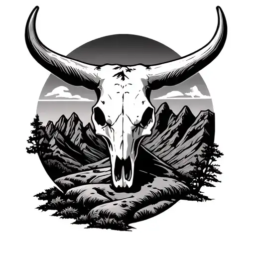 superstition mountains with sunset and cow skull tattoo design idea