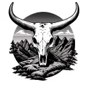 superstition mountains with sunset and cow skull tattoo design idea