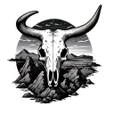 superstition mountains with sunset and cow skull tattoo design idea
