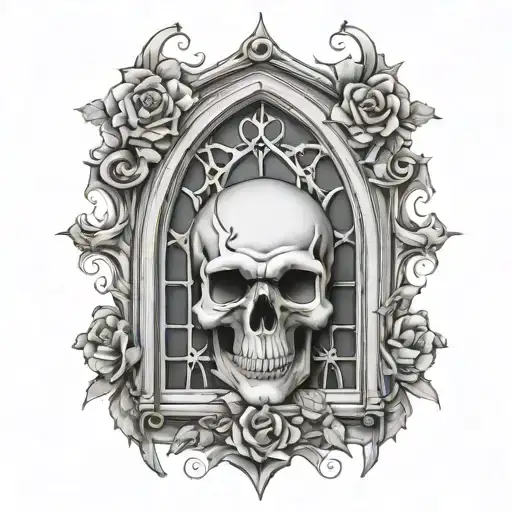 gothic window, skull, flowers intertwined tattoo design idea