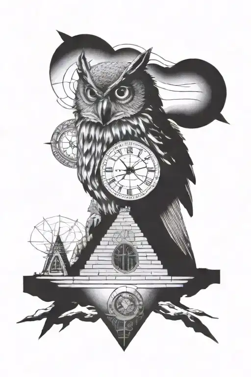 owl, pyramid, clock, all seeing eye tattoo design idea