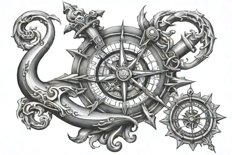 poseidon anchor and compass tattoo design idea