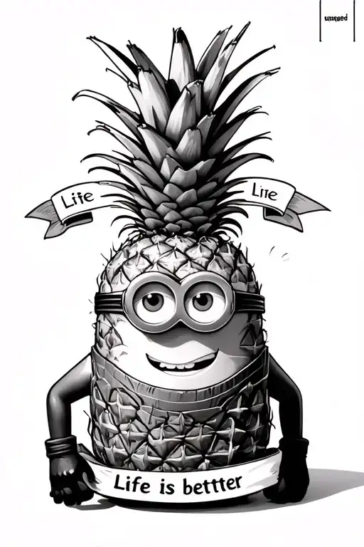 Dave the minion disguised as a pineapple with banners at the top written Life is better and banners at the bottom written upside down tattoo design idea
