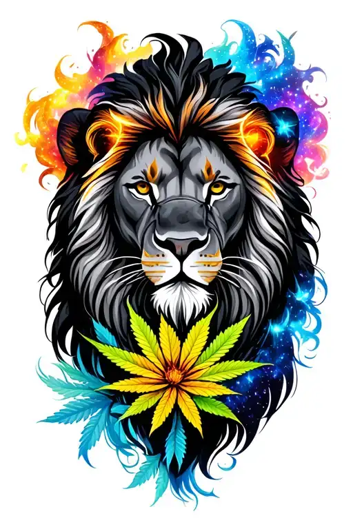 black mane lion infused with colorful galaxy and cannabis flower tattoo design idea