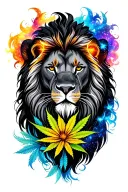 black mane lion infused with colorful galaxy and cannabis flower tattoo design idea