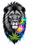 black mane lion infused with colorful galaxy and cannabis flower tattoo design idea
