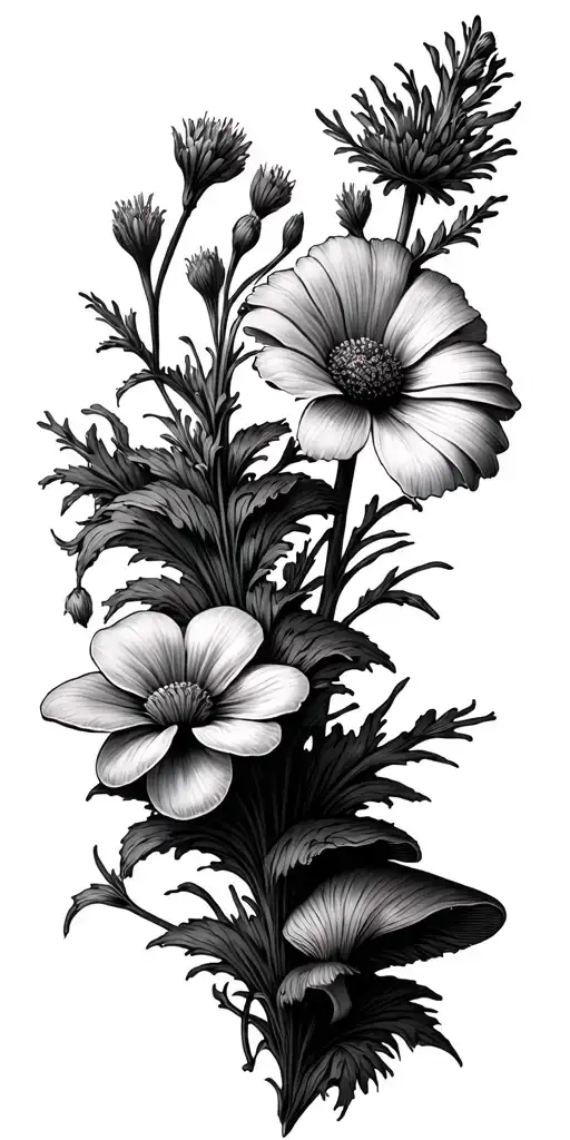 Ohio wildflowers and shelf fungus growing tattoo design idea