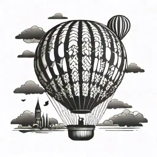 A hot air balloon with intricate geometric patterns floating in the sky tattoo design idea
