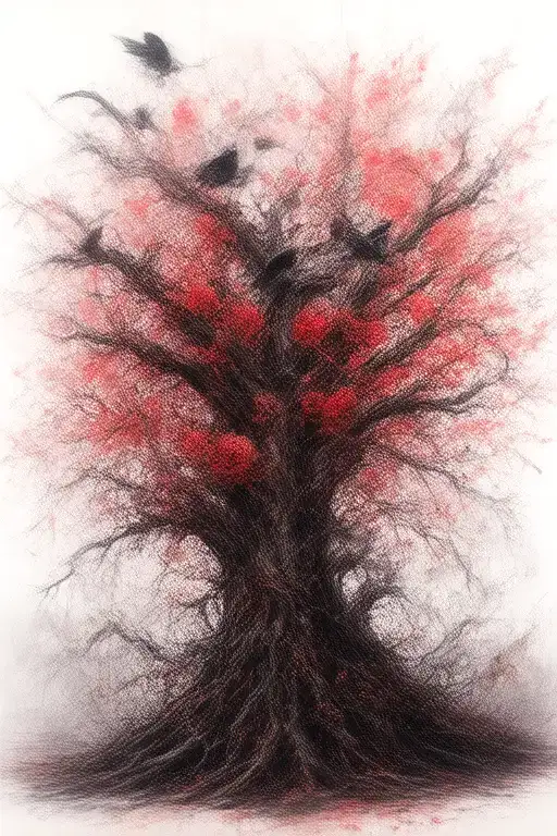 crooked scary looking tree wich gnarled and snapped branches. ravens perched amongst the branches roses weaving amongst tattoo design idea