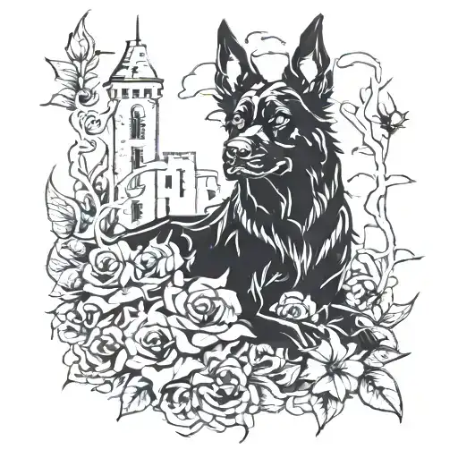 black dog, castle crumbling, ghosts, phone, flowers, thorns tattoo design idea