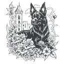 black dog, castle crumbling, ghosts, phone, flowers, thorns tattoo design idea