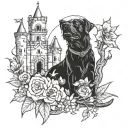 black dog, castle crumbling, ghosts, phone, flowers, thorns tattoo design idea