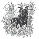 black dog, castle crumbling, ghosts, phone, flowers, thorns tattoo design idea