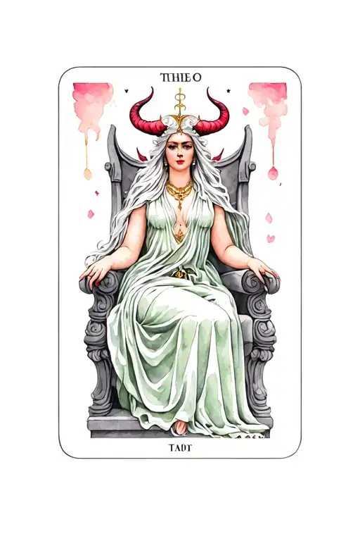 Create a Tarot Card for The devil Tarot card. Elegant goddess on a throne. watercolour. Grey, Sage green and soft pink  tattoo design idea