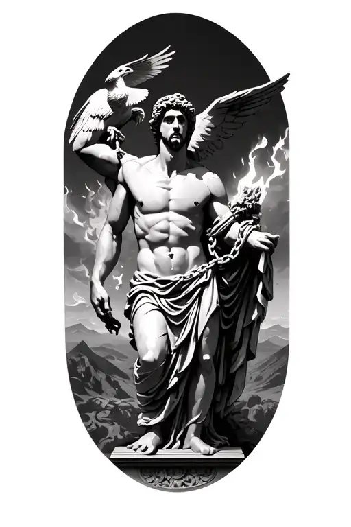 greek marble statue chained up. fire and an eagle in the background  tattoo design idea