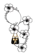 multiple black and grey hibiscus flowers around black purse and gold bow tattoo design idea