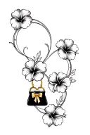 multiple black and grey hibiscus flowers around black purse and gold bow tattoo design idea