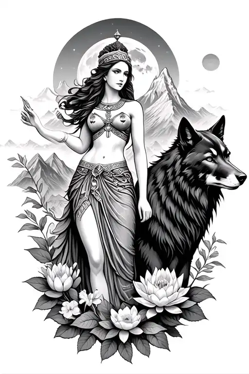 sexy Athena goddess surrounded by poeny and lotus flowers growing with a black wolf in a mountain range with a moon tattoo design idea