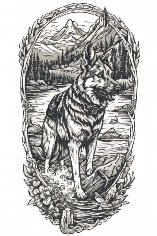 Camping lake mountains jet ski german shepherd tattoo design idea