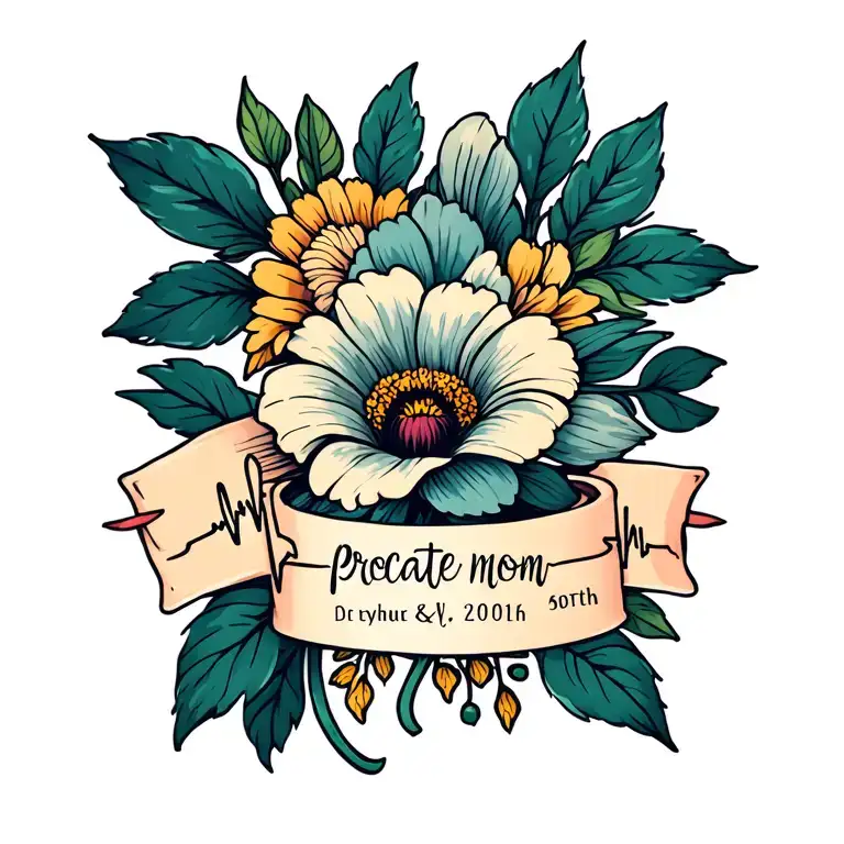 memorial tattoo for mom located on inner wrist in horizontal alignment, date of birth & death, heartbeat, flower tattoo design idea