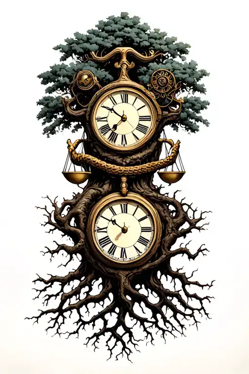 midevil tree of life with roots, libra scales, v-twin engine and a clock intertwined  tattoo design idea