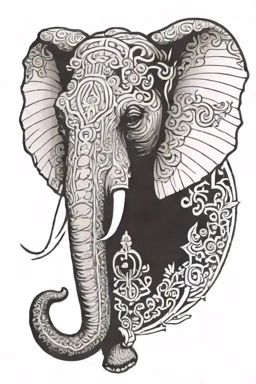 minimalist tattoo outline of an Asian elephant’s face adorned with ceremonial elements from the kandy perera and chola  tattoo design idea