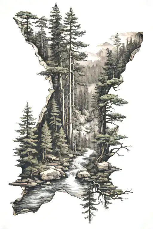 river through a thick pine forest tattoo design idea