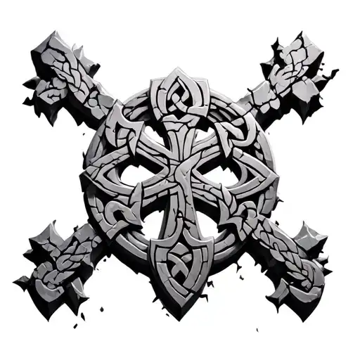 3d celtic cross made of stone but cracking tattoo design idea