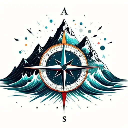 compass mountain and waves tattoo design idea
