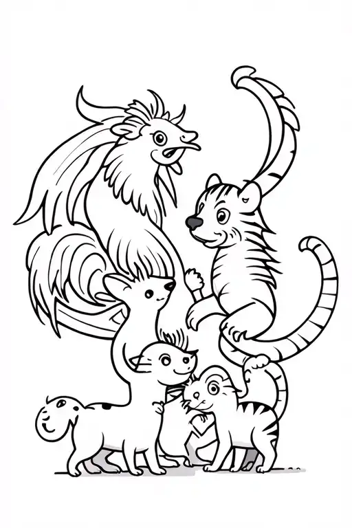 cartoon rooster, ox, dragon, dog, rat, tiger, and cat playing together tattoo design idea