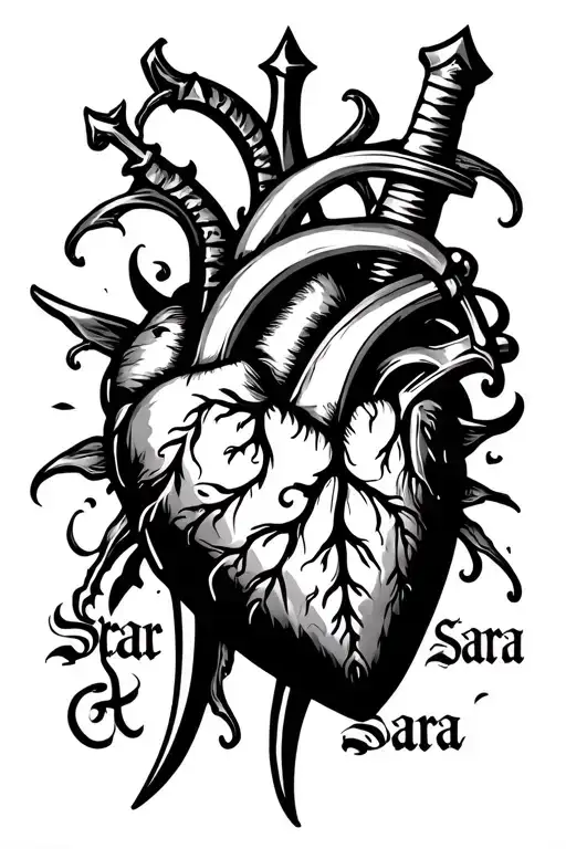 heart with dagger piercing Sara written vertically tattoo design idea