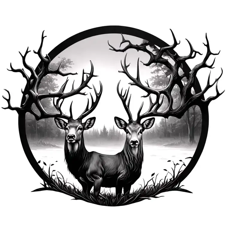 deer with tree antlers, one tree is dead and the other is living tattoo design idea