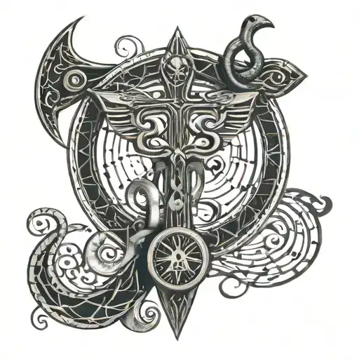 An intricate Ankh symbol intertwined with musical notes and instruments tattoo design idea